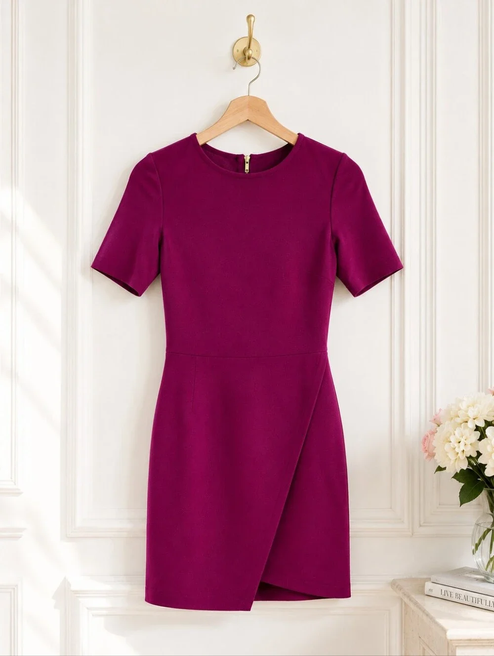 Bar III Magenta Sheath Dress | Size XS | Short Sleeve Faux Wrap Mini Career